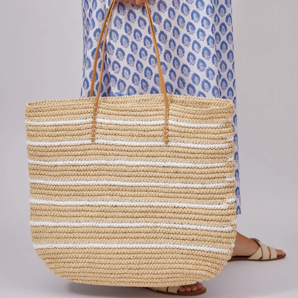 Hat Attack Stella Stripe Tote Tan and White Striped BNWT